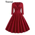 Tonval-Robe Vintage en Coton pour Femme Vêtement Sexy Col en V Taille Haute Manches sulf