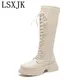 LSXJK – chaussures en cuir véritable pour femme bottes montantes à lacets hauteur genou semelle