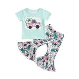 aturustex 2Pcs Toddler Baby Girl Easter Outfit Set Summer Truck Cotton T-Shirt Tops Casual Eggs Floral Bottom Flare Pants 1-5 Years