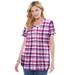 Plus Size Women's Seersucker Baseball Shirt by Woman Within in Raspberry Sorbet Camp Plaid (Size 3X)