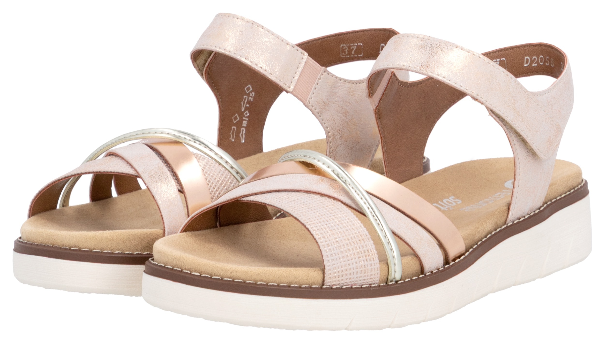 Riemchensandale REMONTE, Damen, Gr. 44, rosa (rosé, roségoldfarben, goldfarben), Lederimitat, metallic, Schuhe Riemchensandale, Keilabsatz, Sommerschuh, Sandalette mit herausnehmbarer Softeinlage