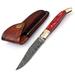 Laguiole Folding Damascus steel knife 85 Long with 4 hand forged custom twist pattern Blade. Unshrinkable Wine color Raisen scale with brass bolster and Pommel. Cow hide leather sheath included