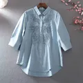 Chemise brodée Vintage pour femmes chemisiers à manches trois-quarts haut pour femmes boutonné