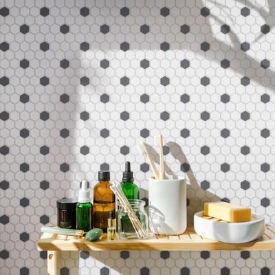 Merola Tile Gotham Hex Series Antique White and Black 10-1/4