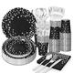 168Pcs Black Paper Plates Black and Silver Party Decorations Party Plates and Cups and Napkins Sets Severs 24 Guests for Birthday,Party,Thanksgiving ,Wedding Party…