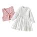 Toddler Girls Outfit Kids Child Long Sleeve Solid Patchwork Flower Vintage Cake Ruffles Princess Dress Vest Coat Jacket Outfits Set 2Pcs