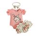 TAIAOJING Baby Girl Outfit Girls Short Sleeve Easter Cartoon Rabbit Prints Romper Bodysuit Ruffles Shorts Headbands Outfits 3-6 Months