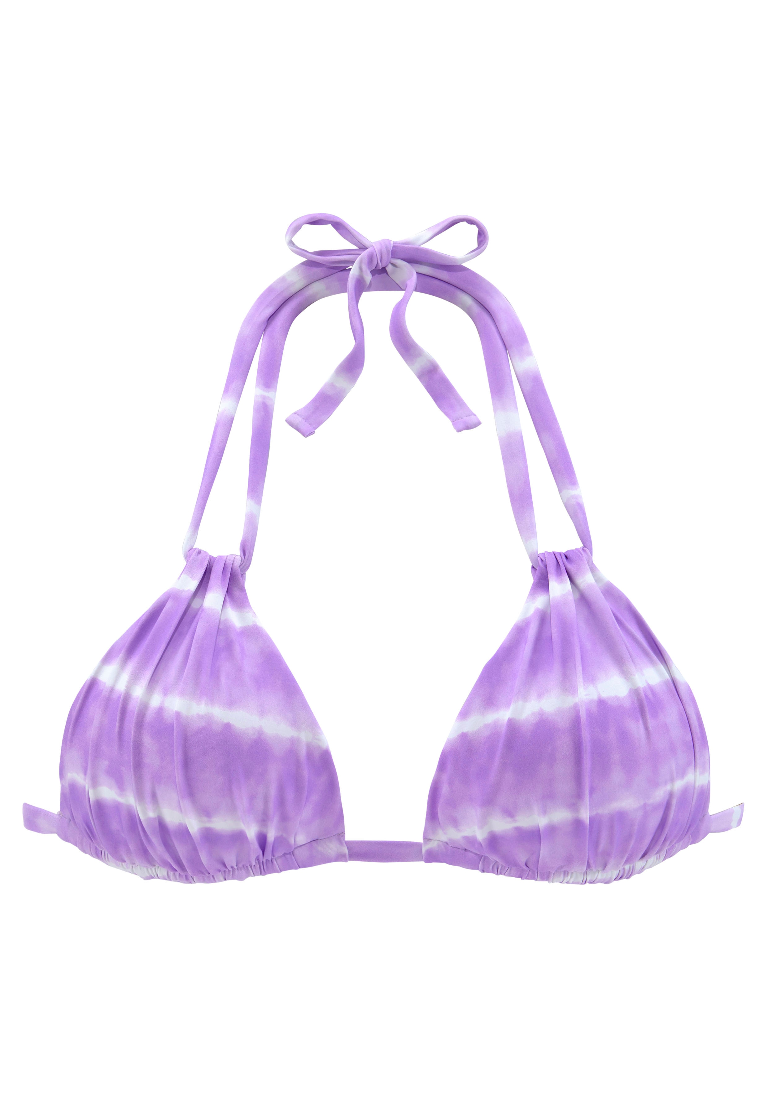 Triangel-Bikini-Top S.OLIVER "Enja", Damen, Gr. 36, Cup A/B, lila (lila, weiß), Microfaser, Microfaser, Recycling-Polyamid, Batikmuster, bedruckt, Bikini-Oberteile, mit Batikdruck