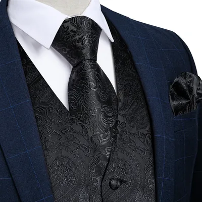 Gilet Paisley en soie pour hommes noir formel de luxe cravate poche carrée bouton de