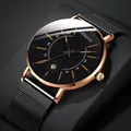 Montre genève pour hommes Ultra fine bracelet en maille d'acier noir Date automatique à Quartz