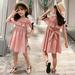 Dyfzdhu Summer Girls Dresses Kids Trendy Ruffles Short Sleeve Cold Shoulder Dress Solid Color Beach Casual Dress