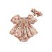 One opening Toddlers Baby Girls Jumpsuits Set Short Sleeve Off-shoulder Pleated Flower Print A-line Romper Dress with Bowknot Headband