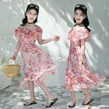 Dyfzdhu Summer Dresses for Girls Off Shoulder Short Sleeve Flower Dress Flowy Chiffon Beach Boho Dress