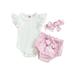 Bagilaanoe 3pcs Newborn Baby Girl Short Pants Set Fly Sleeve Romper Tops + Plaid Shorts + Headband 3M 6M 12M 24M Infant Casual Summer Outfits