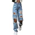 Gwiyeopda Women High Waisted Denim Pants Ripped Baggy Boyfriend Washed Straight Leg Jeans