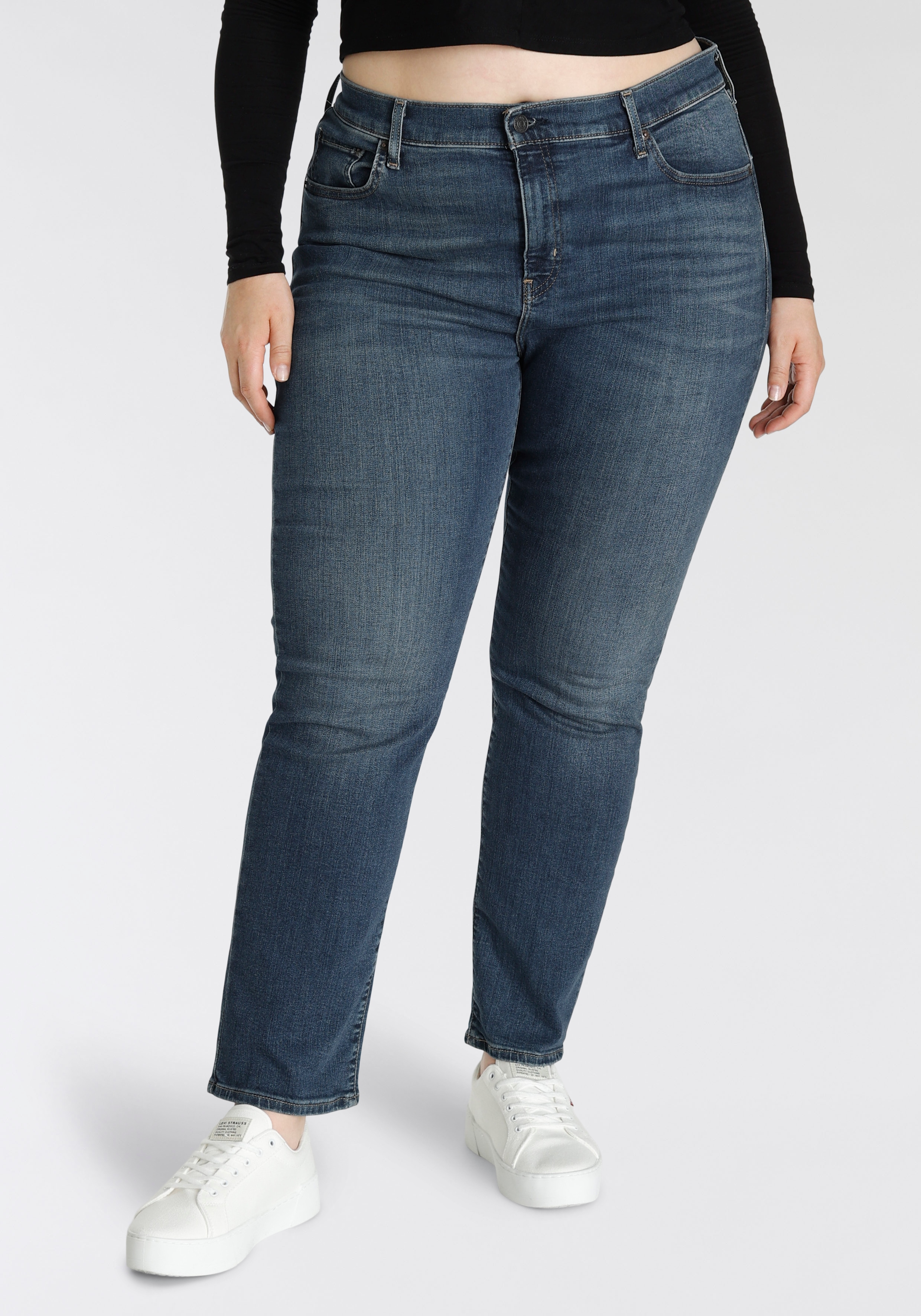 Straight-Jeans LEVI'S PLUS "724 PL HR STRAIGHT", Damen, Gr. 22 (54), Länge 30, blau (schwarz indigo worn in), Denim/Jeans, Obermaterial: 85% Baumwolle, 7% Lyocell, 6% Elastomultiester, 2% Elasthan, Jeans Straight-Jeans