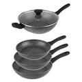 Salter COMBO-8273A Frying Wok Set, Non-Stick Forged Aluminium Cooking Pans, Induction Suitable, Corrosion-Resistant, Dishwasher/Metal Utensil Safe, Soft-Touch Handle, Megastone, Silver/Black