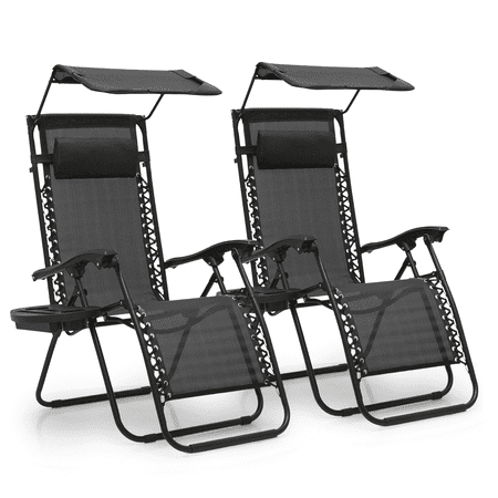 MoNiBloom Zero Gravity Chairs Set of 2 Folding Outdoor Patio Beach Recliner with Canopy Shade & Headrest Black