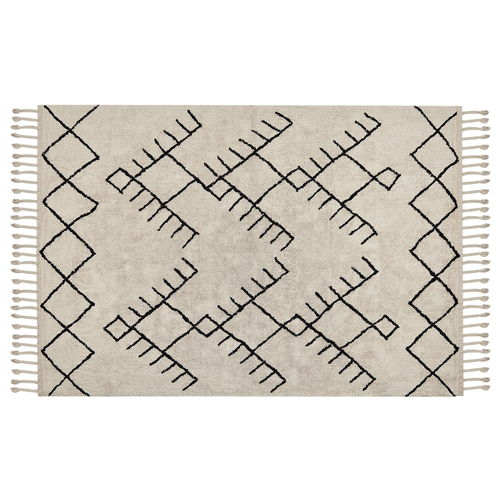 Teppich Beige Baumwolle Rechteckig 140 x 200 cm Geometrisches Muster Quasten Handgetuftet Boho Kurzhaar Fußbodenheizung Geeignet Wohnzimmer
