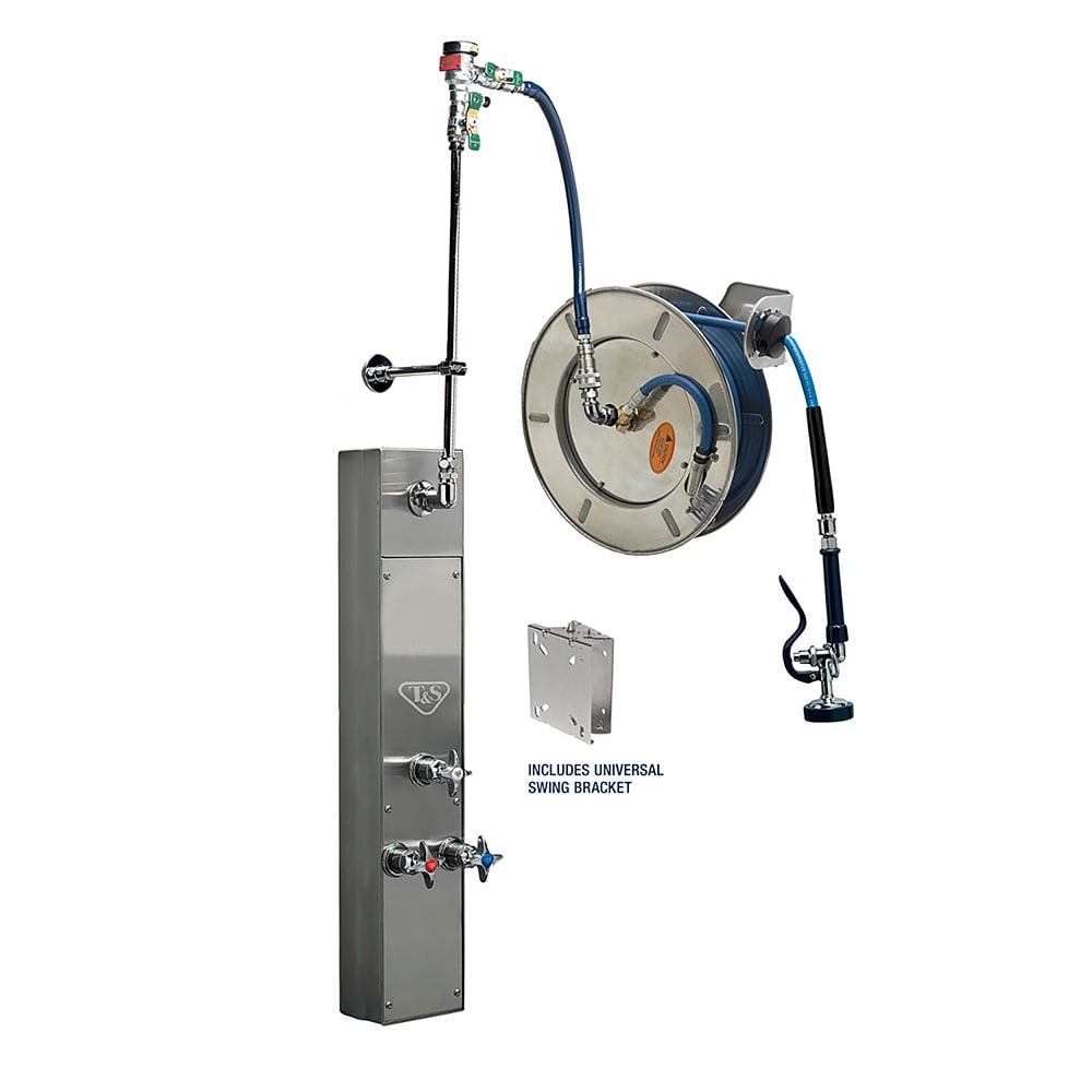 T&S B-7142-U01WS8BC 50 ft Surface-Mount Hose Reel Cabinet w/ Bottom Inlets & 50' Open Stainless Steel Hose, Silver