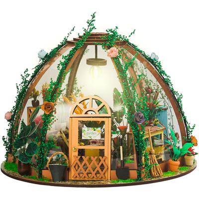 Kit casa delle bambole in miniatura fai-da-te Mini casa verde con fiori stellati in legno con luce