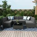 7 Piece Patio Furniture Sets Outdoor Sectional Patio Conversation Set Wicker Rattan Sofa Chair Set with Cushion and Glass Table