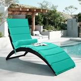 Patio Wicker Sun Lounger PE Rattan Foldable Chaise Lounger with Removable Cushion and Bolster Pillow Black Wicker and Turquoise Cushion