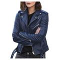 Ecqkame Women s Faux Leather Belted Motorcycle Jacket Long Sleeve Zipper Fitted Fall and Winter Fashion Moto Bike Short Jacket Coat Blue L