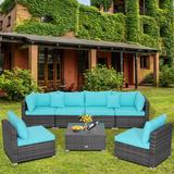 Latitude Run® Minooka 7 Piece Sofa Seating Group w/ Cushions Synthetic Wicker/All - Weather Wicker/Wicker/Rattan in Blue | Outdoor Furniture | Wayfair