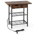 Costway Side End Table with Charging Station Flip-Up Top for Living Room-Rustic Brown