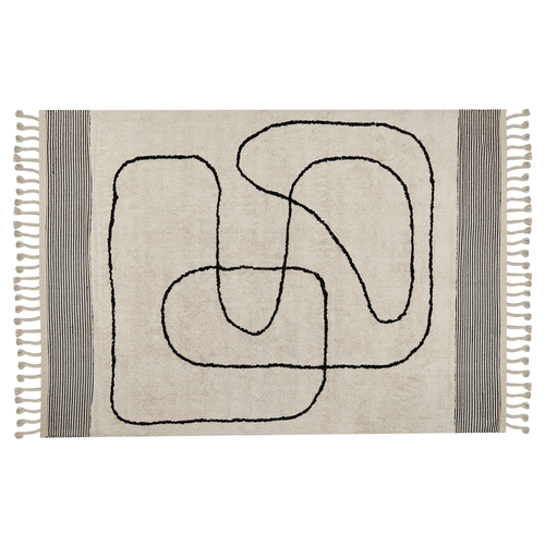Teppich aus Baumwolle in Beige und Schwarz 140 x 200 cm Abstraktes Muster Moderner Niedrigflor mit Fransen