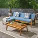 Outdoor Wood 3 Seater Sectional Sofa Set Ottoman Teak Finish Blue