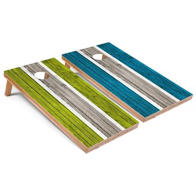 Solid Wood Cornhole Boards - Lime and Turquoise Stripes Design