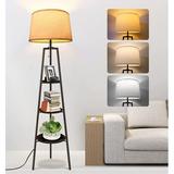 OUTON Tripod Floor Lamp with Shelves Wood Shelf Floor Lamp with 3 Color Temperatures Standing Lamp with Linen Shade for Living Room Bedroom Office Black