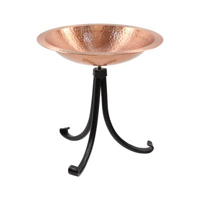 Achla Designs 14"W Round Satin Copper Hammered Solid Birdbath w/ Black Wrought Iron Tripod Stand