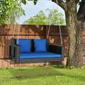 SamyoHome Garden Swing Rattan Wicker Hanging Swing Bench w/ Blue Cushion