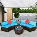 4-Piece Patio Furniture Sets Outdoor Half-Moon Sectional Furniture Wicker Sofa Set with Two Pillows and Coffee Table Blue Cushions+Brown Wicker
