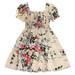 BULLPIANO Girl Floral Shirred Puff Short Sleeve Ruffle Square Neck Short A Line Dress