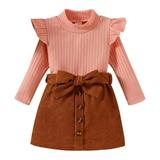ZHAGHMIN Girls Tops Size 10-12 Toddler Girls Ruffles Long Sleeve Ribbed Knitted Turtleneck T Shirt Tops Solid Bow Tie Skirt Outfits Baby Set Baby Girl 5 Month Ruffle Pants For Babies Tennis Clothes