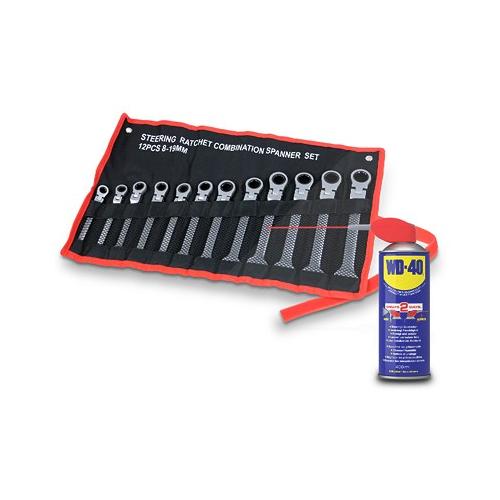 Enva Ratschenringschlüssel mit Gelenk 12-tlg. + 400 ml WD-40