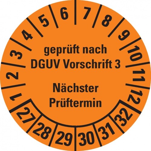 Dreifke® Prüfplakette gepr. n. DGUV 3 NP, 27-32, orange, Dokumentenfolie, Ø25mm, 105/Heft Image