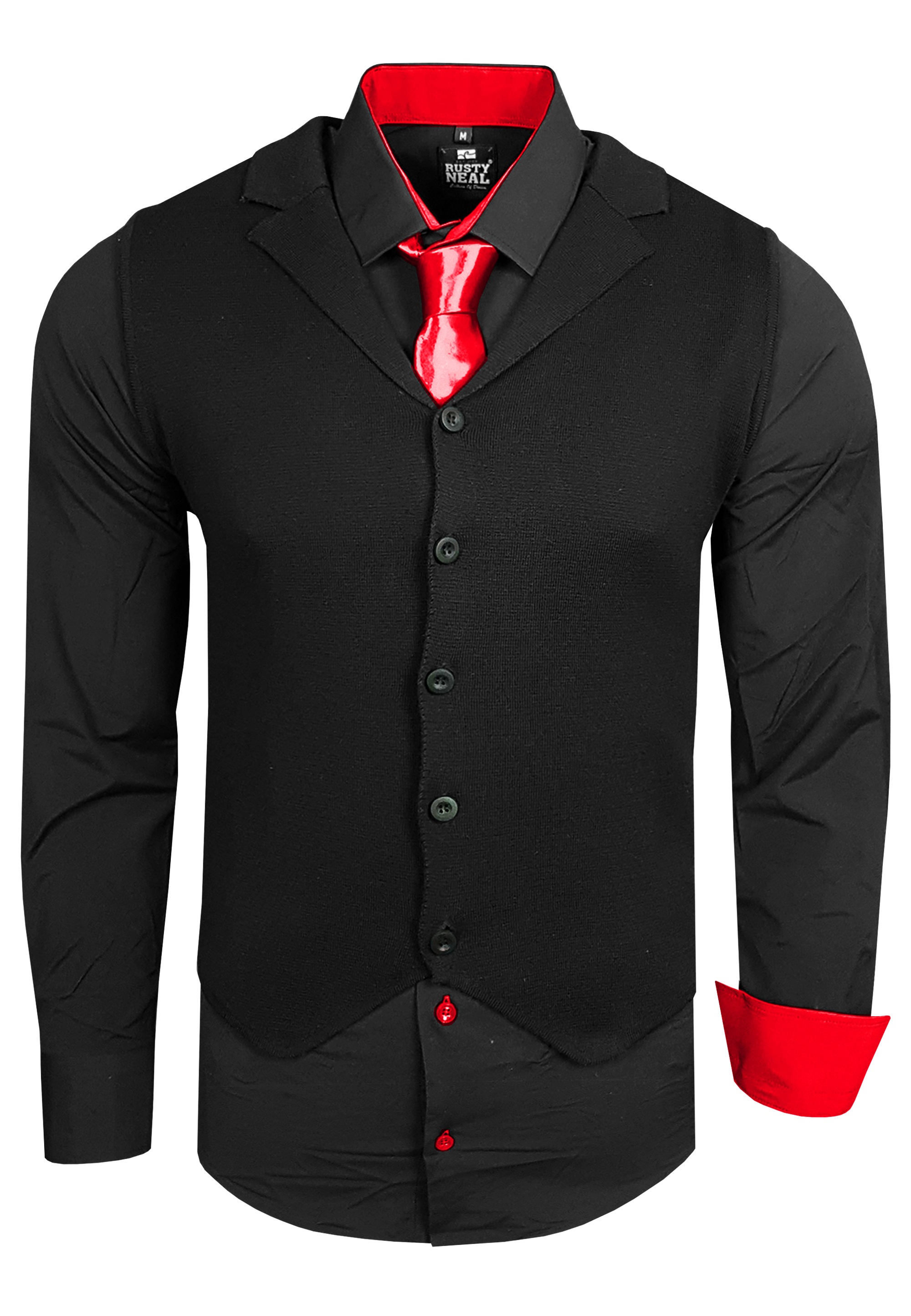 Langarmhemd RUSTY NEAL, Herren, Gr. 5XL, EURO-Größen, schwarz (schwarz, rot), 60% Baumwolle, 37% Polyester, 3% Elasthan, mehrfarbig, ohne Ausschnitt, Hemden, bestehend aus Hemd, Weste und Krawatte