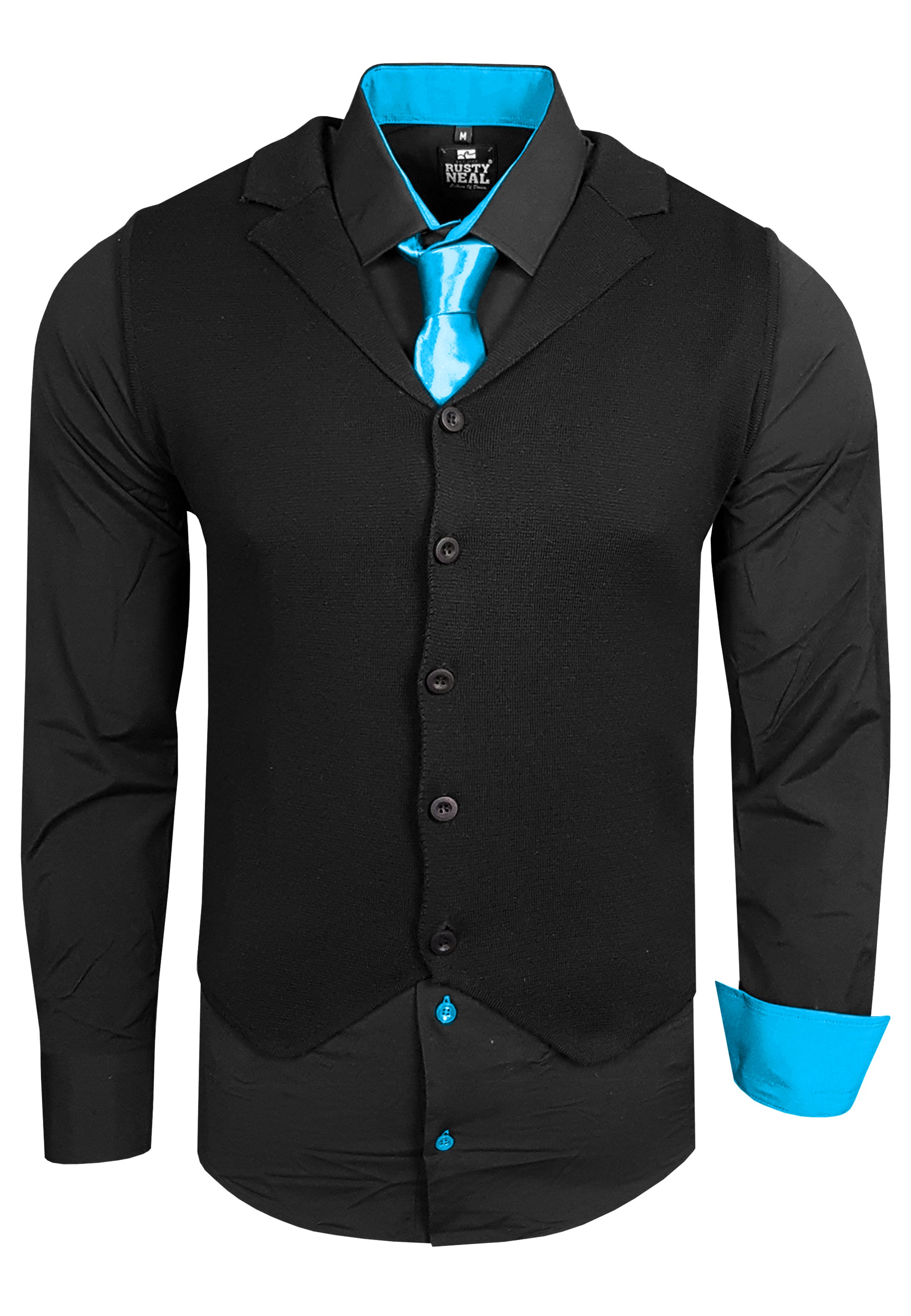 Langarmhemd RUSTY NEAL, Herren, Gr. XXL, EURO-Größen, schwarz (schwarz, türkis), 60% Baumwolle, 37% Polyester, 3% Elasthan, mehrfarbig, ohne Ausschnitt, Hemden, bestehend aus Hemd, Weste und Krawatte