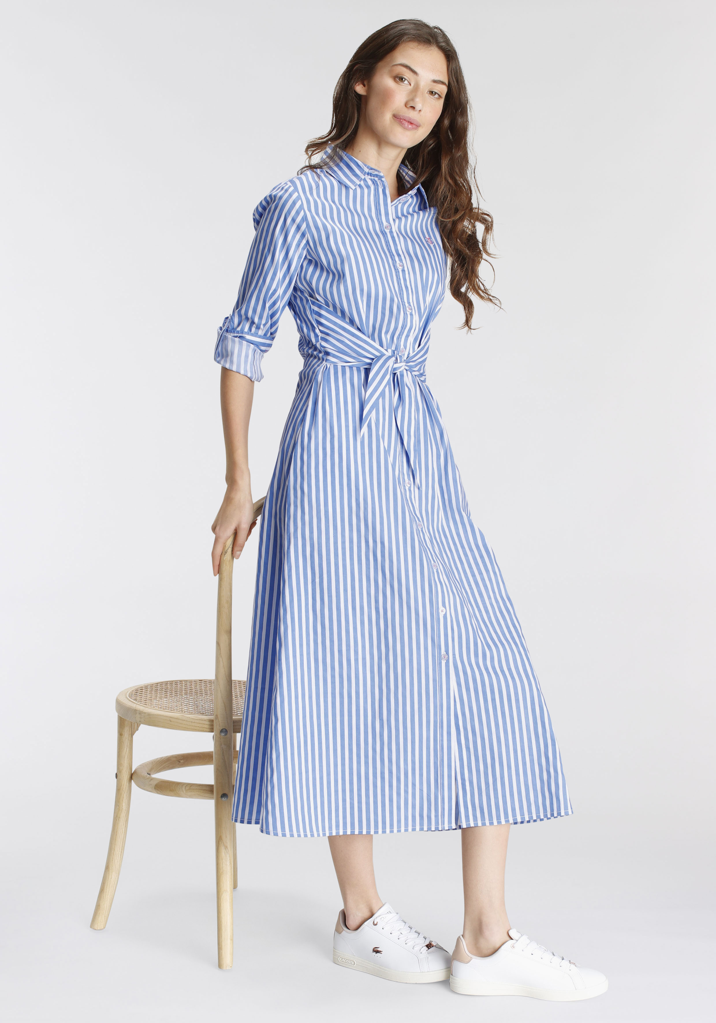 Blusenkleid DELMAO, Damen, Gr. 46, N-Gr, blau (blau, weiß), Web, Obermaterial: 60% Baumwolle, 38% Polyester, 2% Elasthan, bedruckt, geringelt, gestreift, figurumspielend lang, Kleider, festliche Anlässe, lang, klassisch und seriös, aus Baumwolle Image