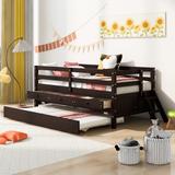 Twin Size Solid Wood Low Loft Bed with Twin Size Trundle Bed, 3 Storage Drawers and Full-Length Safety Fence