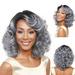 Wavy Bob Wig with Bangs Natural Ombre Silver Wig Synthetic Hair Shoulder Length Short Curly Wigs for Women