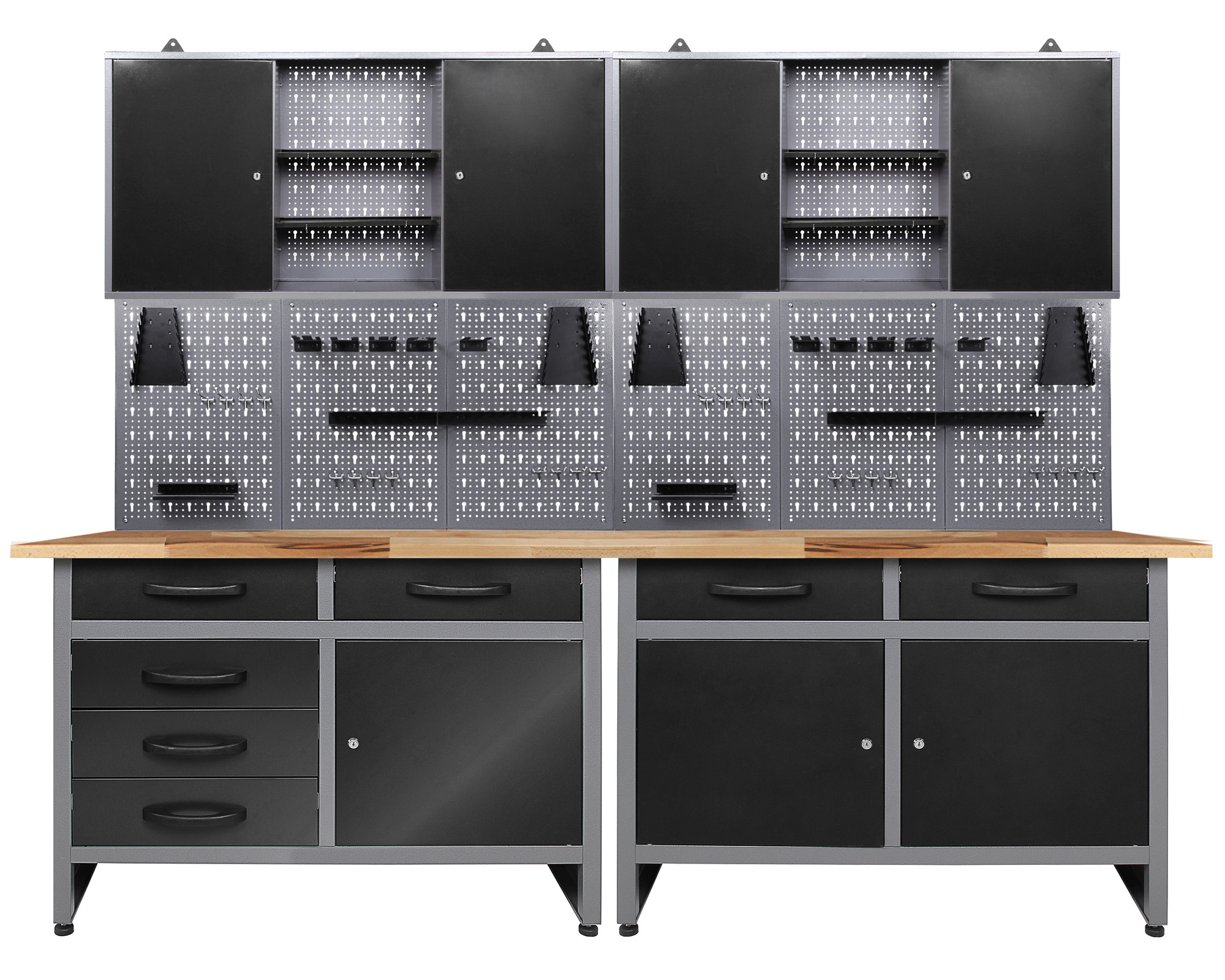 Werkstatt-Set ONDIS24, schwarz (anthrazit, schwarz, grau), B:240cm H:205cm T:60cm, Edelstahl, Werkbänke, 240 cm