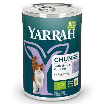 24 x 405 g Yarrah Bio Bröckchen Katzennassfutter, Huhn & Truthahn