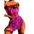 Rave Outfits für Damen, 3-teiliges Bikini-Set Quasten Rock Metallic-Badeanzug Holografisches Bandeau-Oberteil Badeanzüge für Festivals(Rose,XS,1005w)