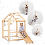 Goodevas Kids Outdoor Swing Set Playhouse - Wooden Disc Swing + Trapeze Gymnastics Rings + Climbing Rope Ladder - Indoor Toddler Playground House - Montessori Jungle Gym Playset 3-12 y.o. (NO SLIDE)